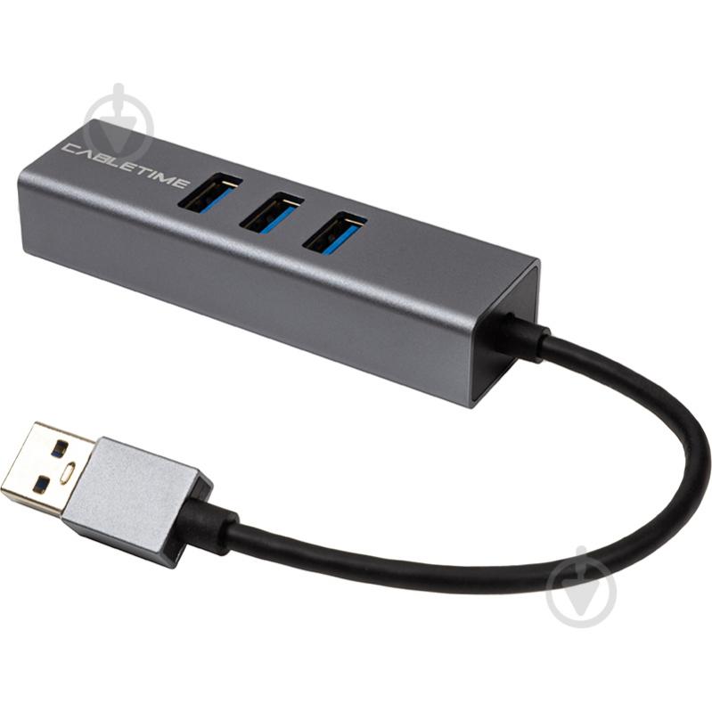 Адаптер PowerPlant Cabletime USB 3.0 - USB 3.0 (3 Ports) + RJ45, 0.15м 0,15 м grey (CA913374) - фото 2