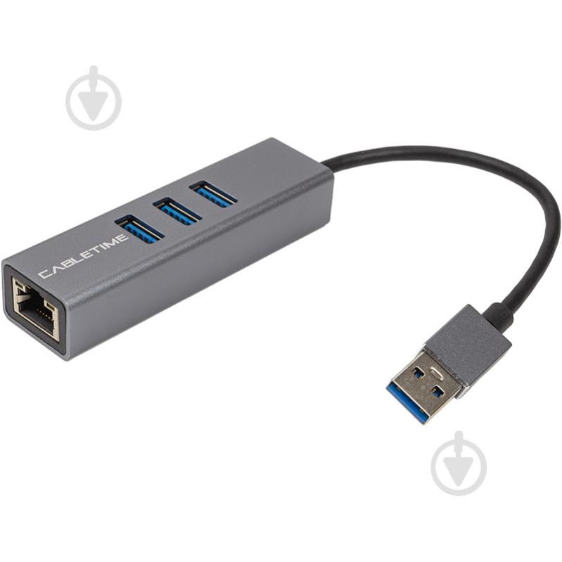 Адаптер PowerPlant Cabletime USB 3.0 - USB 3.0 (3 Ports) + RJ45, 0.15м 0,15 м grey (CA913374) - фото 1