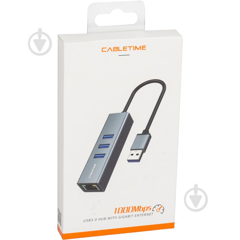 Адаптер PowerPlant Cabletime USB 3.0 - USB 3.0 (3 Ports) + RJ45, 0.15м 0,15 м grey (CA913374) - фото 4