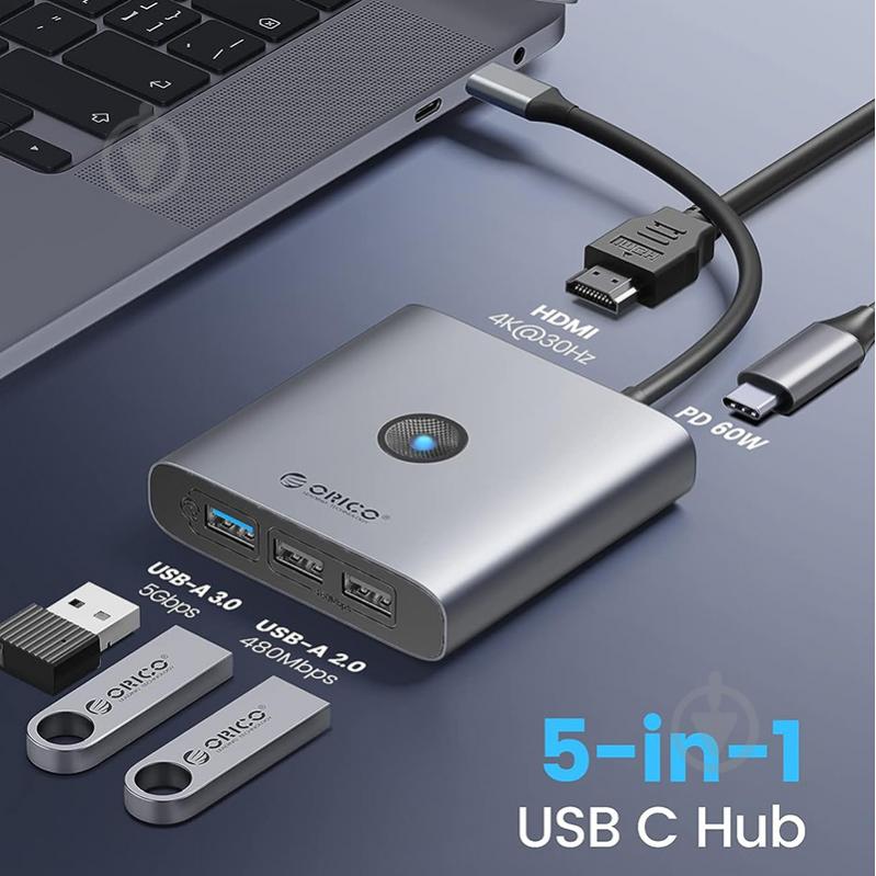 USB-хаб Orico Type-C 5-в-1 Docking Station (5Gbps) (FAX3-5P-GY-EP) - фото 3