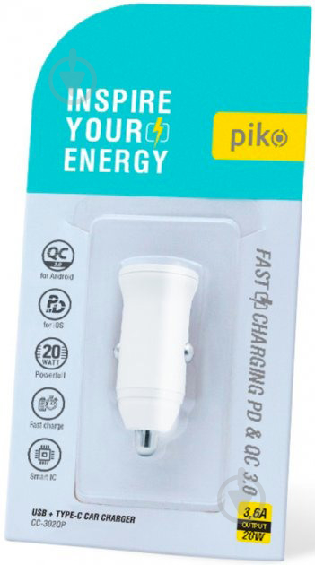 Автомобільний зарядний пристрій Piko 20W USB + Type-C white (CC-302QP) - фото 2