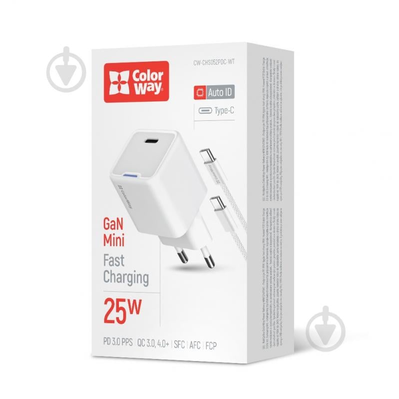 Зарядний пристрій універсальний ColorWay GaN Mini 25W PD Port PPS USB-C білий cable Type-C (CW-CHS052PDC-WT) - фото 2
