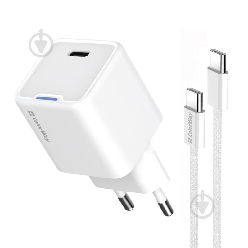 Зарядний пристрій універсальний ColorWay GaN Mini 25W PD Port PPS USB-C білий cable Type-C (CW-CHS052PDC-WT) - фото 1