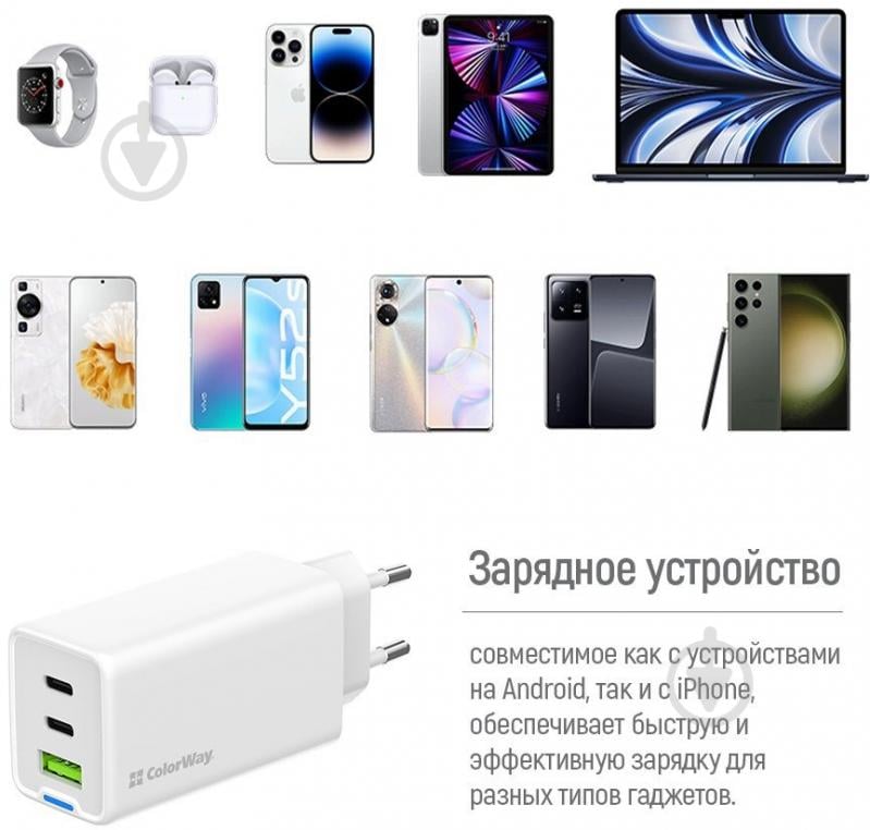 Сетевое зарядное устройство ColorWay GaN Mini 65W PD Port PPS USB (USB-2C1A) белый (CW-CHS058PD-WT) - фото 12