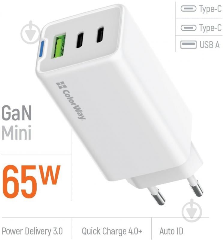 Сетевое зарядное устройство ColorWay GaN Mini 65W PD Port PPS USB (USB-2C1A) белый (CW-CHS058PD-WT) - фото 6