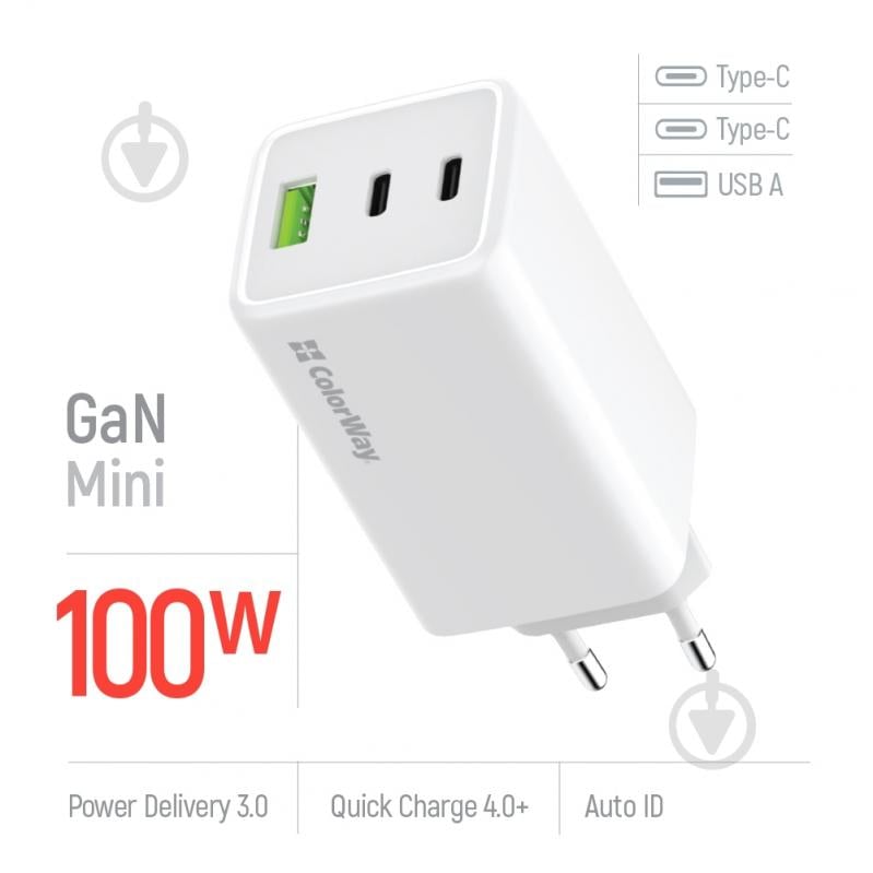 Мережевий зарядний пристрій ColorWay GaN Mini 100W PD Port PPS USB (USB-2C1A) білий (CW-CHS061PD-WT) - фото 1 Мережевий зарядний пристрій ColorWay GaN Mini 100W PD Port PPS USB (USB-2C1A) білий (CW-CHS061PD-WT) - фото 1
