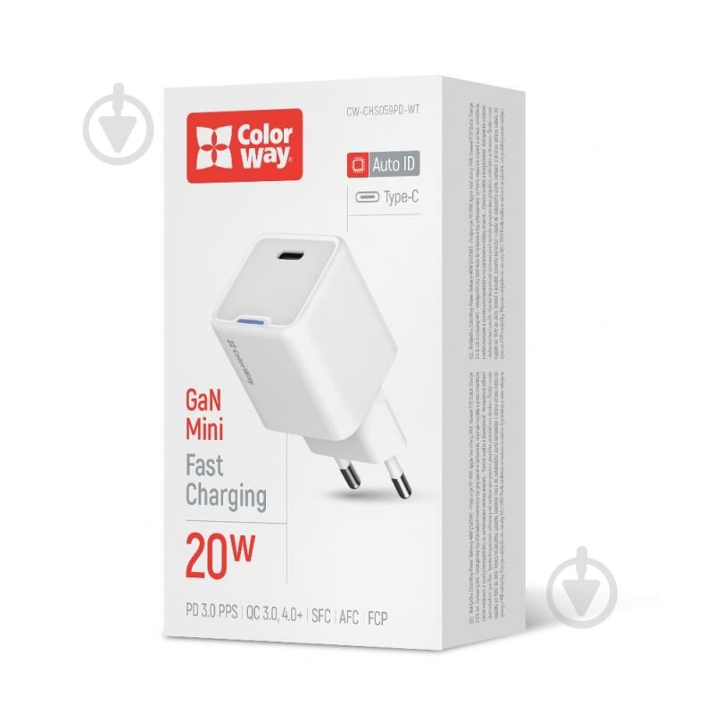 Зарядний пристрій універсальний ColorWay GaN Mini 20W PD Port PPS USB-C білий (CW-CHS059PD-WT) - фото 1 Зарядний пристрій універсальний ColorWay GaN Mini 20W PD Port PPS USB-C білий (CW-CHS059PD-WT) - фото 1