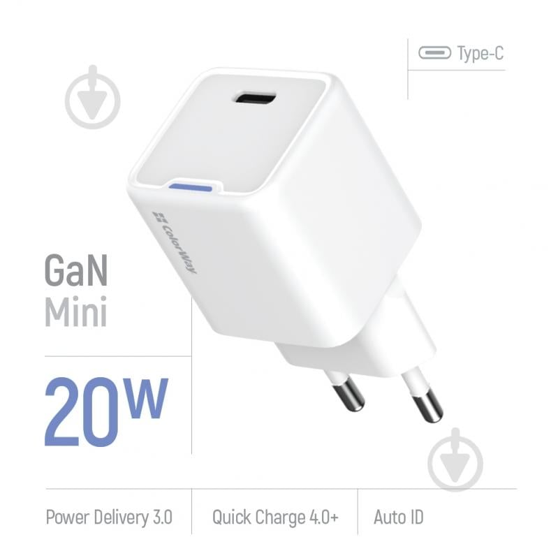 Зарядний пристрій універсальний ColorWay GaN Mini 20W PD Port PPS USB-C білий (CW-CHS059PD-WT) - фото 3 Зарядний пристрій універсальний ColorWay GaN Mini 20W PD Port PPS USB-C білий (CW-CHS059PD-WT) - фото 3