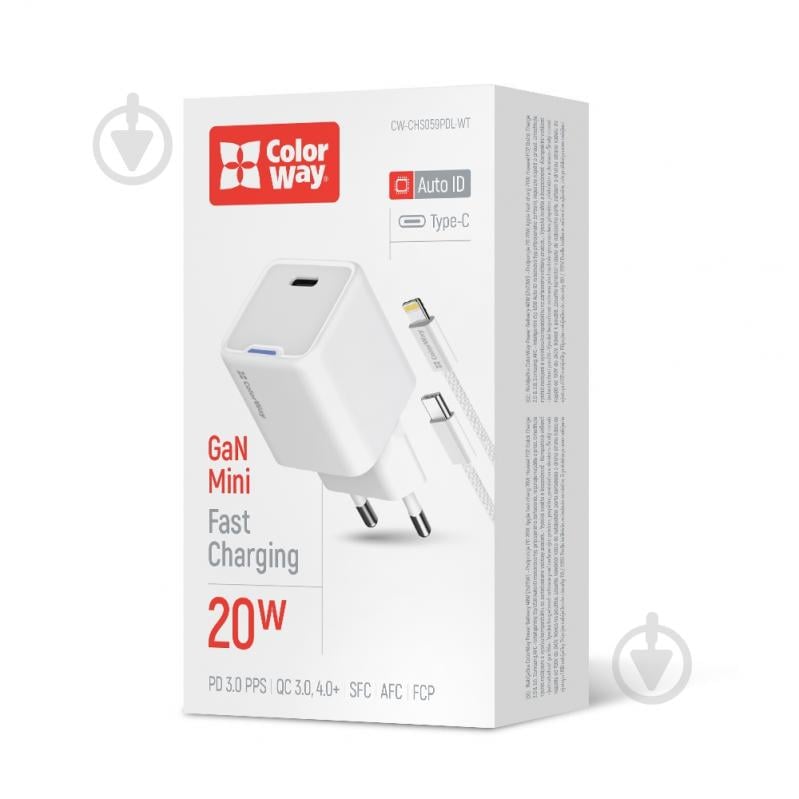 Зарядное устройство ColorWay GaN Mini 20W PD Port PPS USB-C белое cable Lightning (CW-CHS059PDL-WT) - фото 1 Зарядное устройство ColorWay GaN Mini 20W PD Port PPS USB-C белое cable Lightning (CW-CHS059PDL-WT) - фото 1
