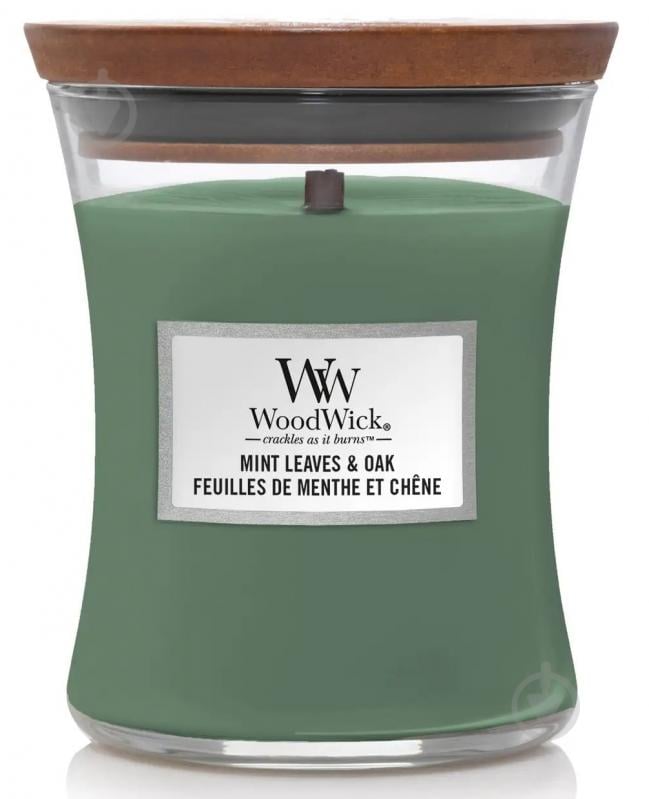 Свічка ароматична Woodwick Medium Mint Leaves & Oak (Листя М'яти та Дуб) 275г - фото 1