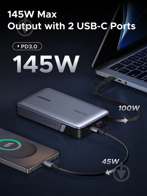 Повербанк UGREEN with built-in USB-C cable 20000 mAh gray (55992B) - фото 5
