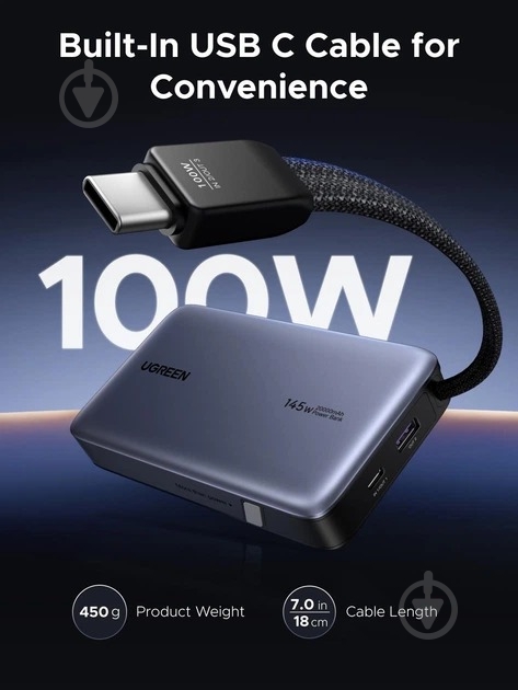 Повербанк UGREEN with built-in USB-C cable 20000 mAh gray (55992B) - фото 8