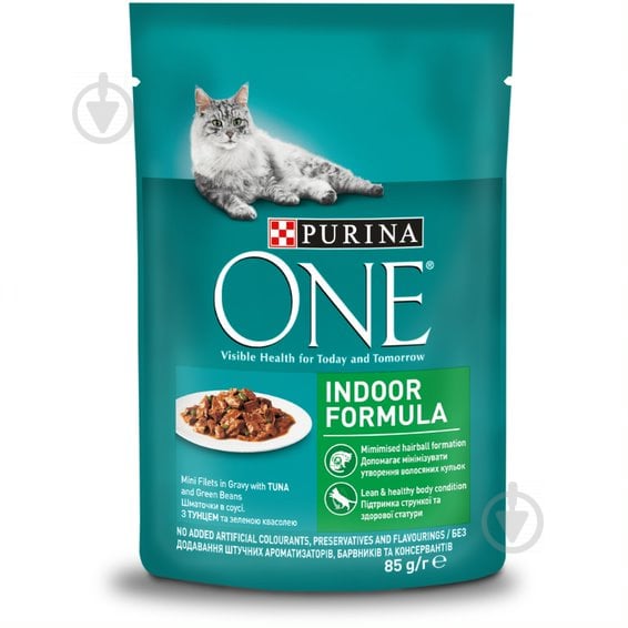 Корм для кастрированных котов/стерилизованных кошек Purina One Indoor с тунцом и зеленой фасолью 85 г - фото 1