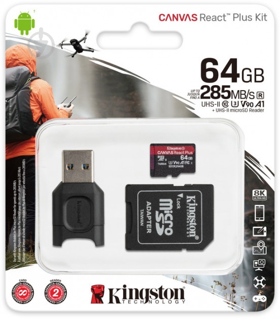 Карта памяти Kingston microSDXC 64 ГБ UHS-II Class 3 (U3) (MLPMR2/64GB) React Plus + MLPM Reader REACT Plus SDCR2 W/AD - фото 3