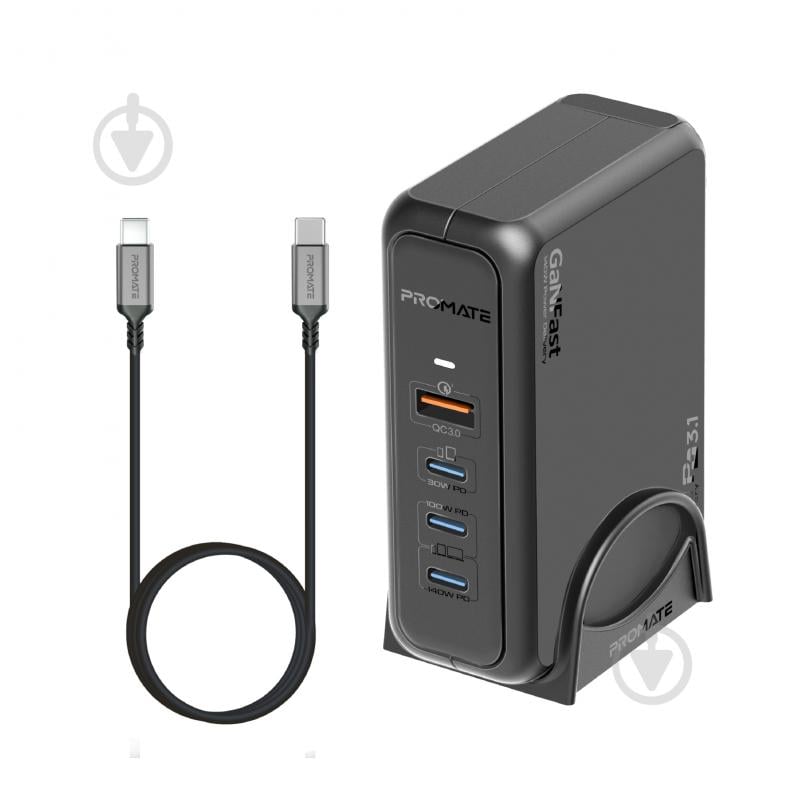 Мережевий зарядний пристрій Promate GaNPort-140W 3хUSB-C + USB-A Black (ganport-140w.black) - фото 1