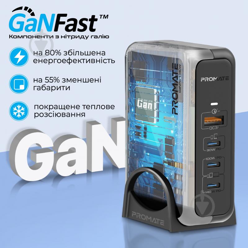 Мережевий зарядний пристрій Promate GaNPort-140W 3хUSB-C + USB-A Black (ganport-140w.black) - фото 2