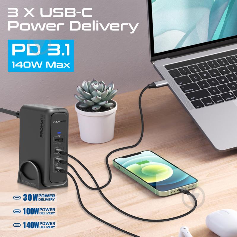 Мережевий зарядний пристрій Promate GaNPort-140W 3хUSB-C + USB-A Black (ganport-140w.black) - фото 4