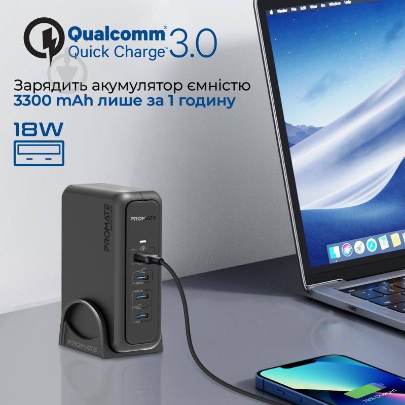 Мережевий зарядний пристрій Promate GaNPort-140W 3хUSB-C + USB-A Black (ganport-140w.black) - фото 5