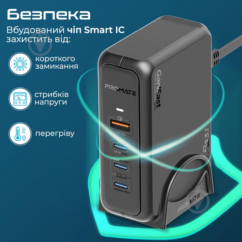 Мережевий зарядний пристрій Promate GaNPort-140W 3хUSB-C + USB-A Black (ganport-140w.black) - фото 7