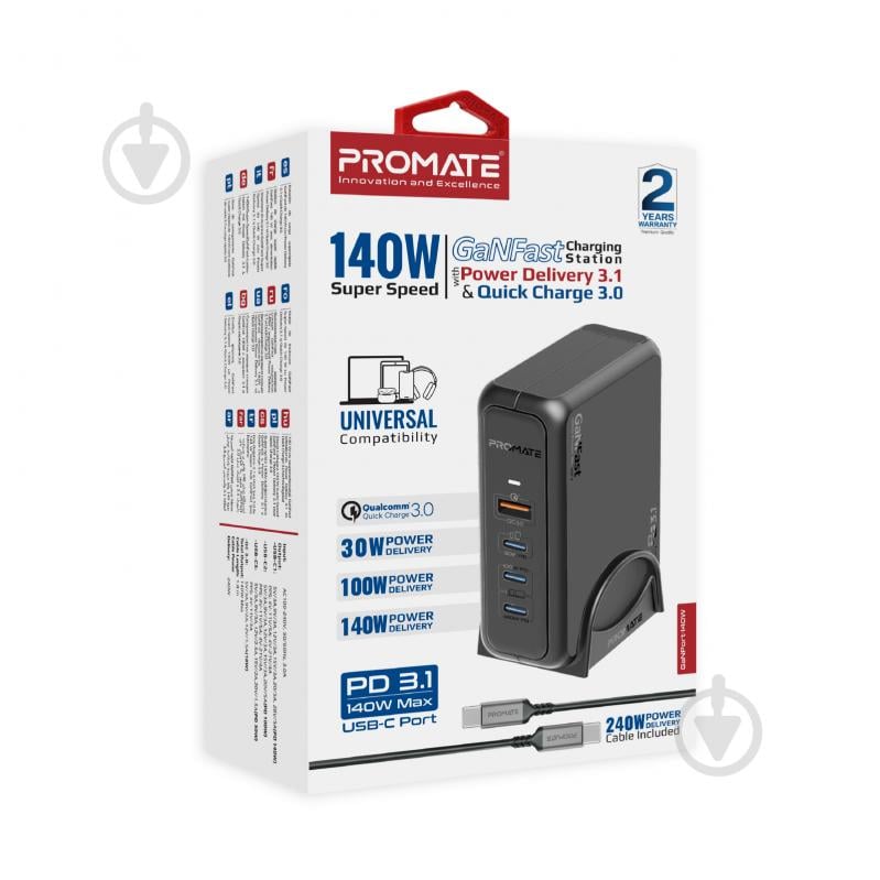 Мережевий зарядний пристрій Promate GaNPort-140W 3хUSB-C + USB-A Black (ganport-140w.black) - фото 9