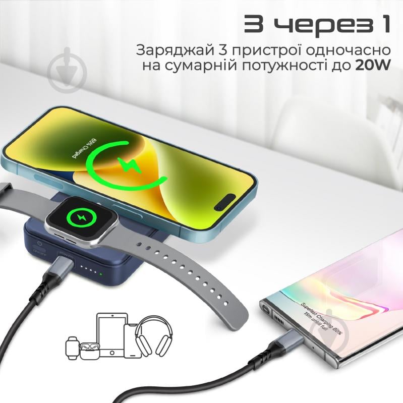 Повербанк Promate 10000 mAh navy (powermag-trio.navy) УМБ Promate PowerMag-Trio 10000 mAh, MagSafe, USB-C PD Navy (powermag-trio.navy) - фото 3