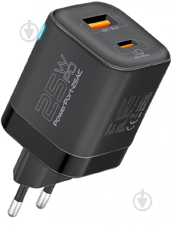 Сетевое зарядное устройство Promate PowerPort-25AC USB-C, USB-A Black (powerport-25ac.black) - фото 1