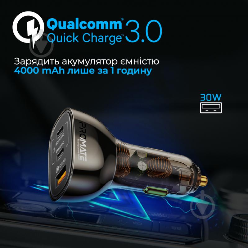 Автомобильное зарядное устройство Promate TransDrive-80W 2хUSB-C, USB-A Black (transdrive-80w) - фото 4