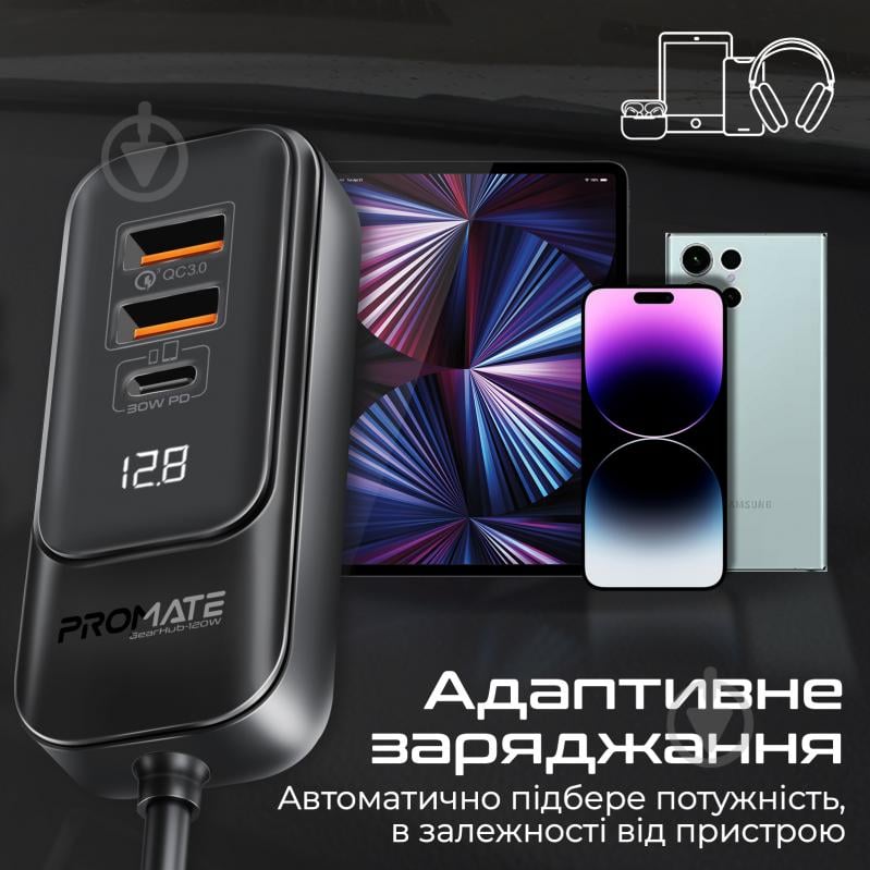 Автомобільний зарядний пристрій Promate GearHub-120W 2xUSB-C, 2xUSB-A Black (gearhub-120w.black) - фото 5