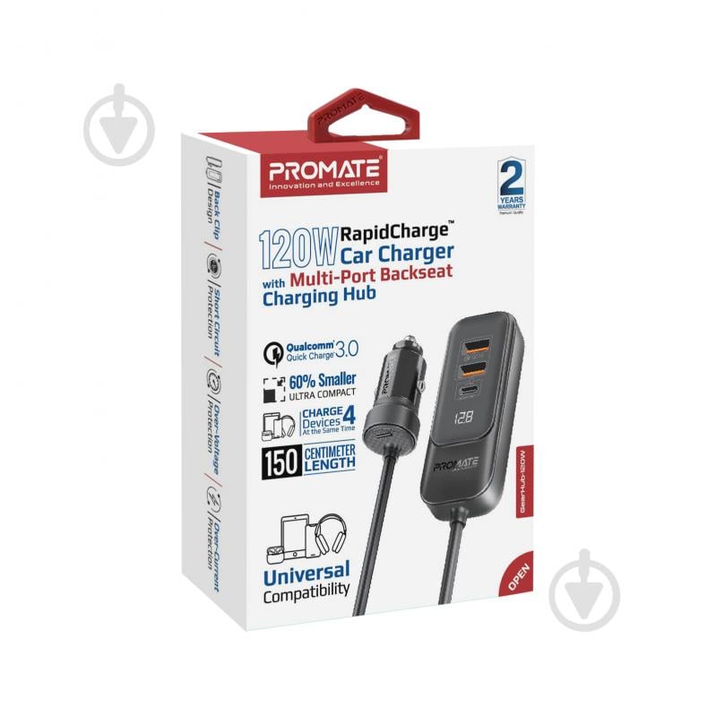 Автомобільний зарядний пристрій Promate GearHub-120W 2xUSB-C, 2xUSB-A Black (gearhub-120w.black) - фото 8