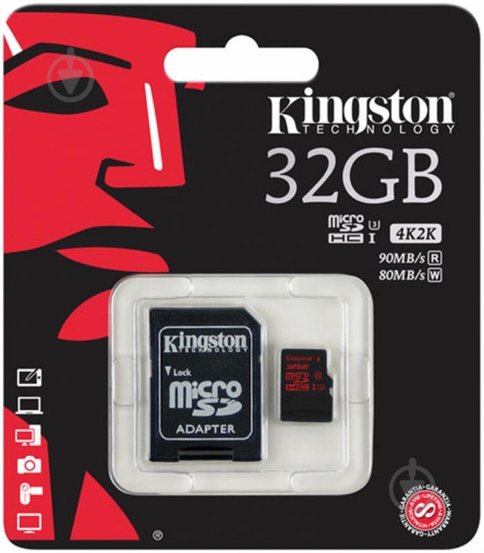 Карта пам'яті Kingston microSDHC 32GB Class 10 UHS-I U3 R90/W80MB/s + SD adapter 4K Video (SDCA3/32GB) - фото 2