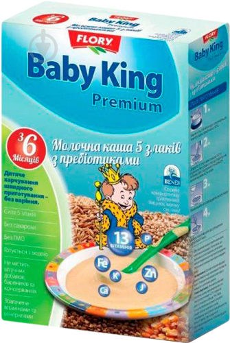 Каша молочна Baby King від 6 місяців Premium 5 злаків з пребіотиками 160 г - фото 1