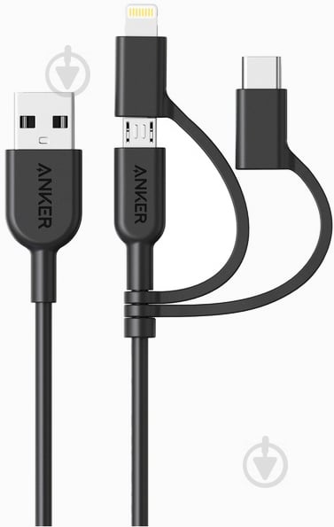 Кабель Anker USB – Apple Lightning 0,9 м Black (A8436H11) V3 PowerLine II 3-in-1 charging cable - фото 1