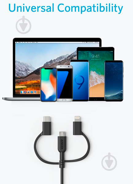 Кабель Anker USB – Apple Lightning 0,9 м Black (A8436H11) V3 PowerLine II 3-in-1 charging cable - фото 3