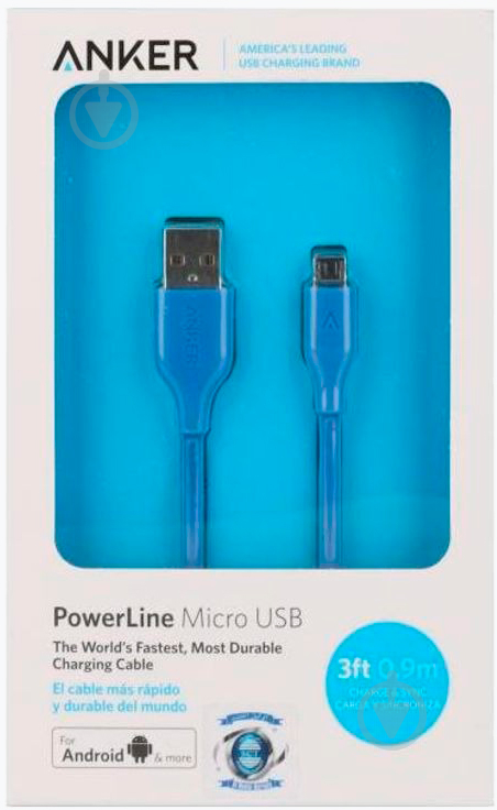 Кабель Anker microUSB 0,9 м Blue (A8132H31) POWERLINE V3 - фото 3