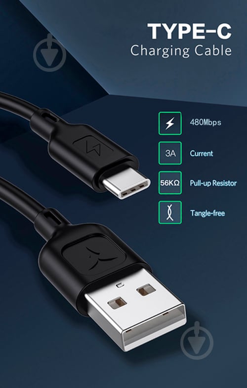 Кабель T-PHOX Type-C – USB 2.0 1,2 м чорний (T-C829 Black) - фото 9