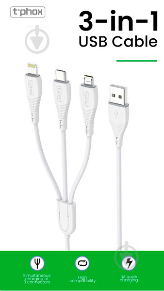 Кабель T-PHOX microUSВLightning – USBUSB Type-C 1,2 м белый (T-F831 White) PLUS 3 - 3IN1 - фото 4