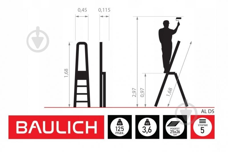 Лестница Baulich алюминиевая 5 ступеней BAULICH - фото 6