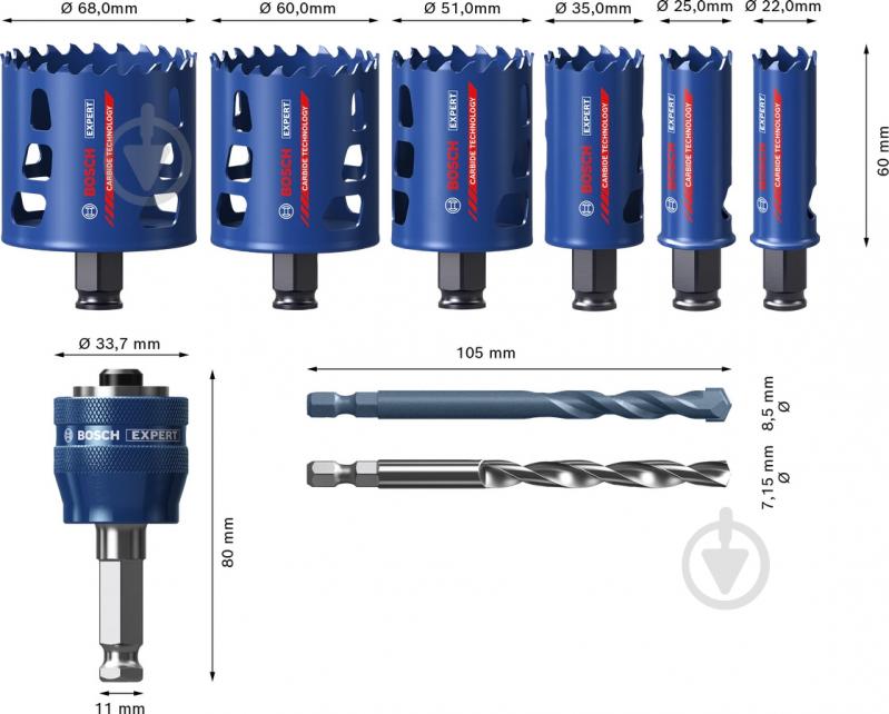 Набір коронок Bosch Tough Material 22, 25, 35, 51, 60, 68 мм 2608900445 - фото 6