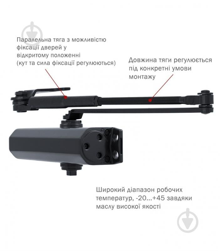 Доводчик дверной RYOBI DS-2055P BC PRL_HO параллельная тяга с фиксацией серый антрацит 80 кг - фото 2