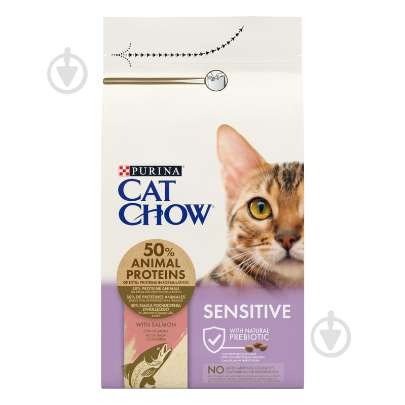 Корм сухий для дорослих кішок із чутливою шкірою та травленням Cat Chow Sensitive з лососем 1,5 кг - фото 1