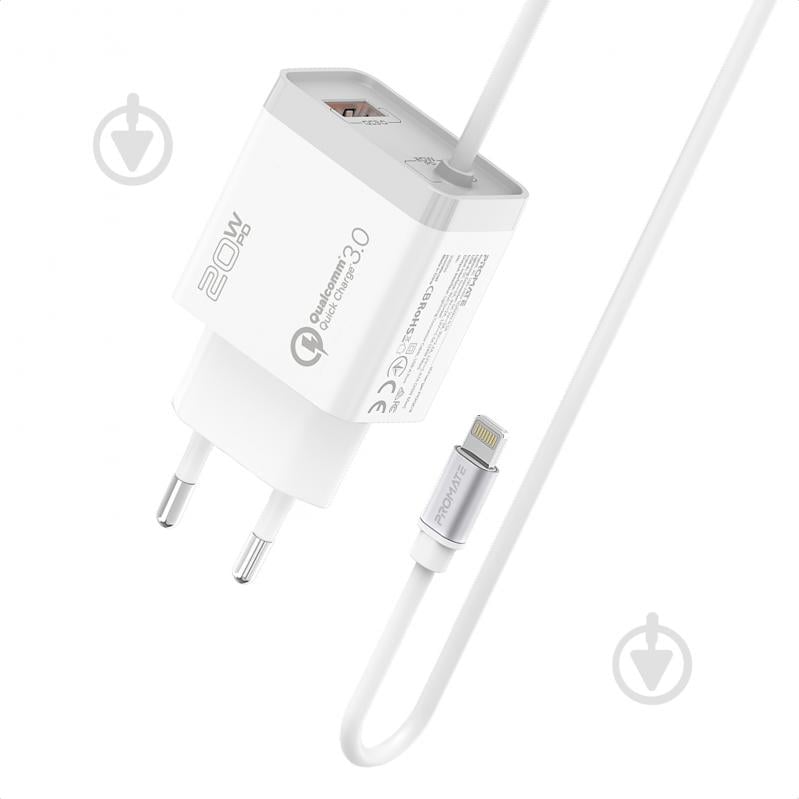 Зарядное устройство Promate iCharge-PDQC3 20Вт PD Lightning connector+USB QC3.0 White - фото 1