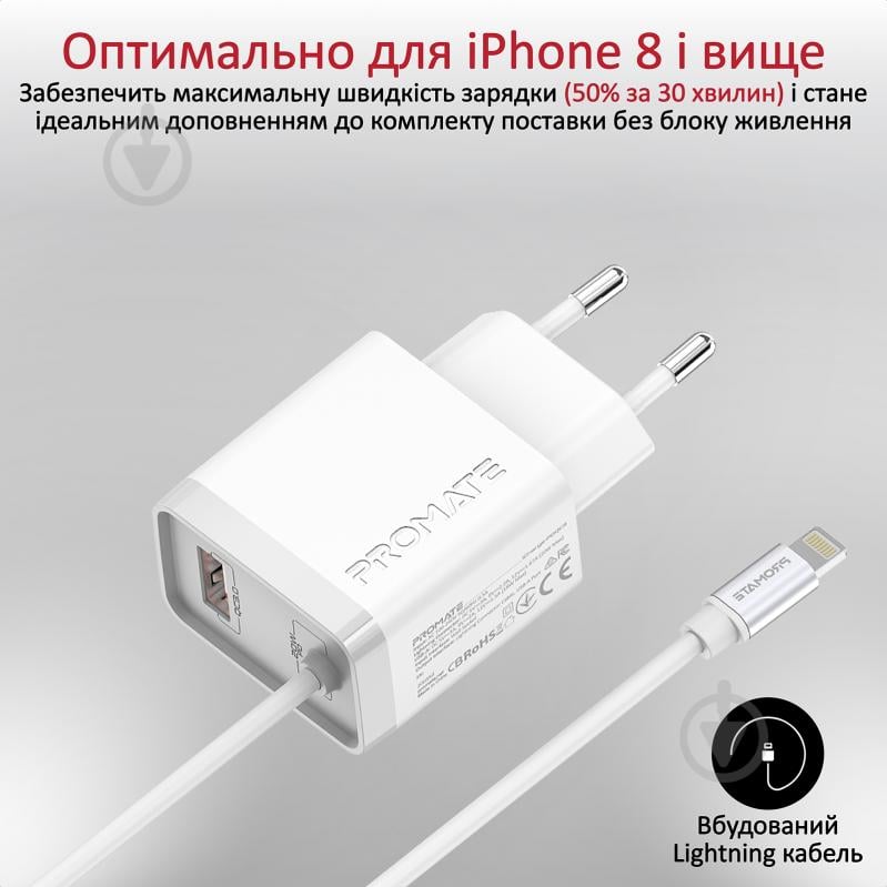 Зарядное устройство Promate iCharge-PDQC3 20Вт PD Lightning connector+USB QC3.0 White - фото 3