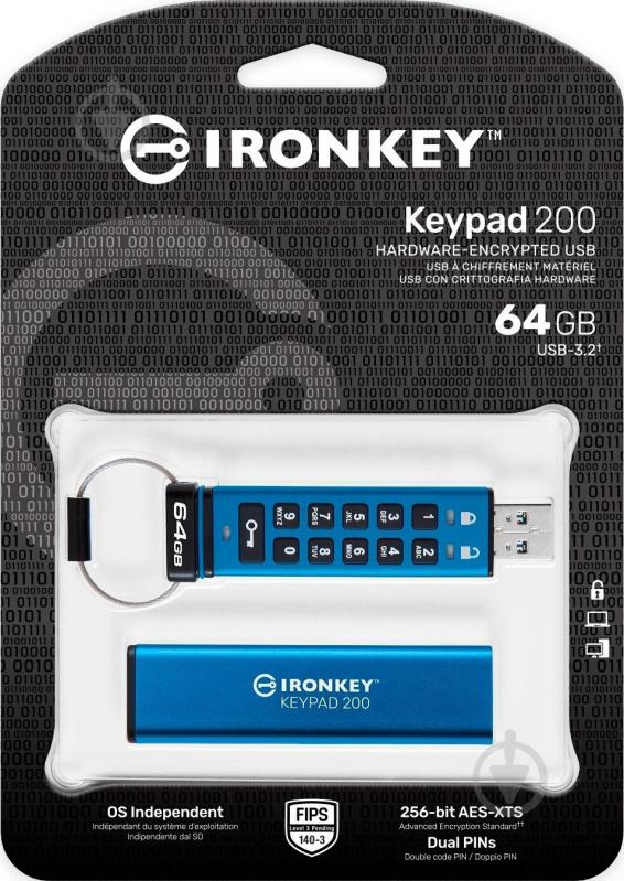 Флеш-память USB Kingston IronKey Keypad 200 64 ГБ USB 3.2 blue (IKKP200/64GB) - фото 6