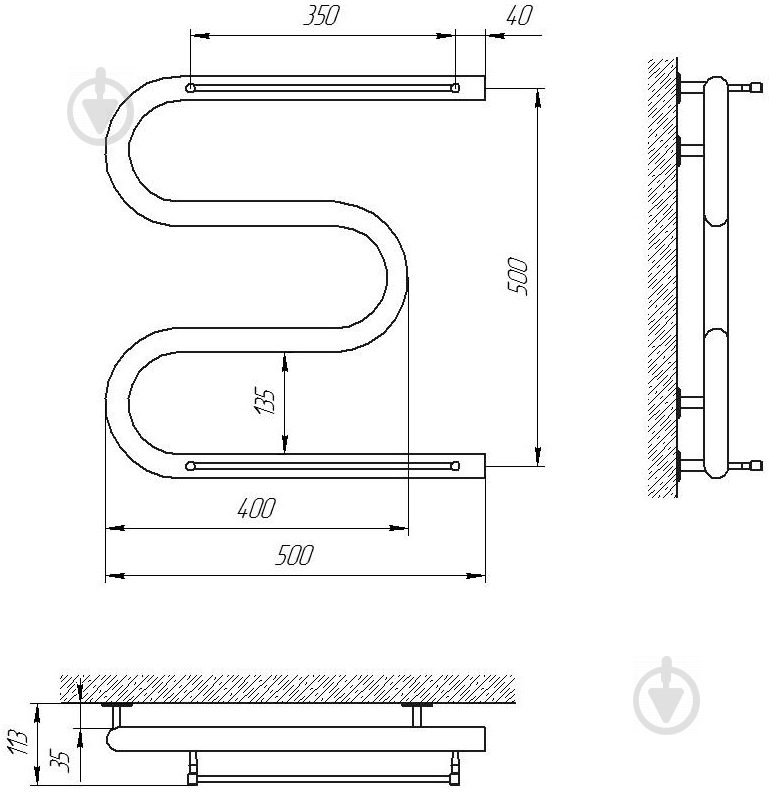 Рушникосушарка водяна Evro-Termo МОНО 32 РС3 500х500 з 2 п - фото 4