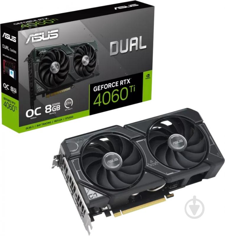 Видеокарта Asus NVIDIA GeForce RTX 4060 Ti Dual OC 8GB GDDR6 128bit (DUAL-RTX4060TI-O8G) - фото 1 Видеокарта Asus NVIDIA GeForce RTX 4060 Ti Dual OC 8GB GDDR6 128bit (DUAL-RTX4060TI-O8G) - фото 1