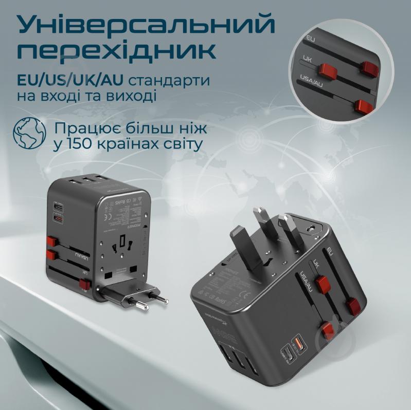 Мережевий адаптер Promate TripMate-36W EU/US/UK/AU на EU/US/UK/AU, 2хUSB-С+3хUSB-A 36W total - фото 2