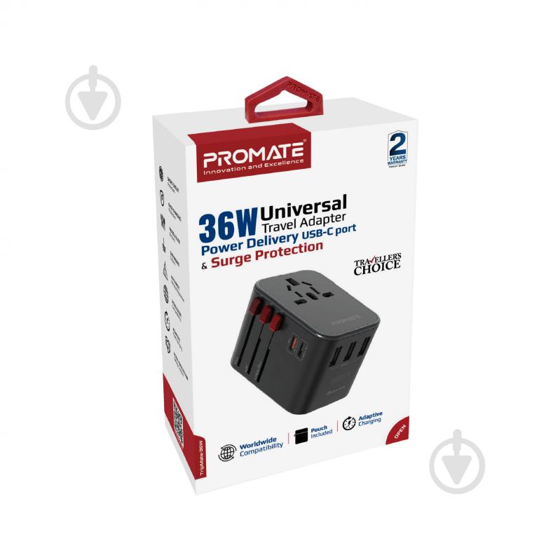 Мережевий адаптер Promate TripMate-36W EU/US/UK/AU на EU/US/UK/AU, 2хUSB-С+3хUSB-A 36W total - фото 7