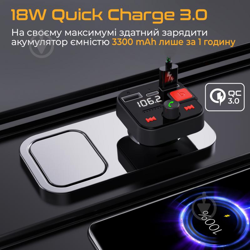 FM-трансмітер Promate Bluetooth PowerTune-30W USB-A OTG/USB-A QC3.0/USB-C - фото 5