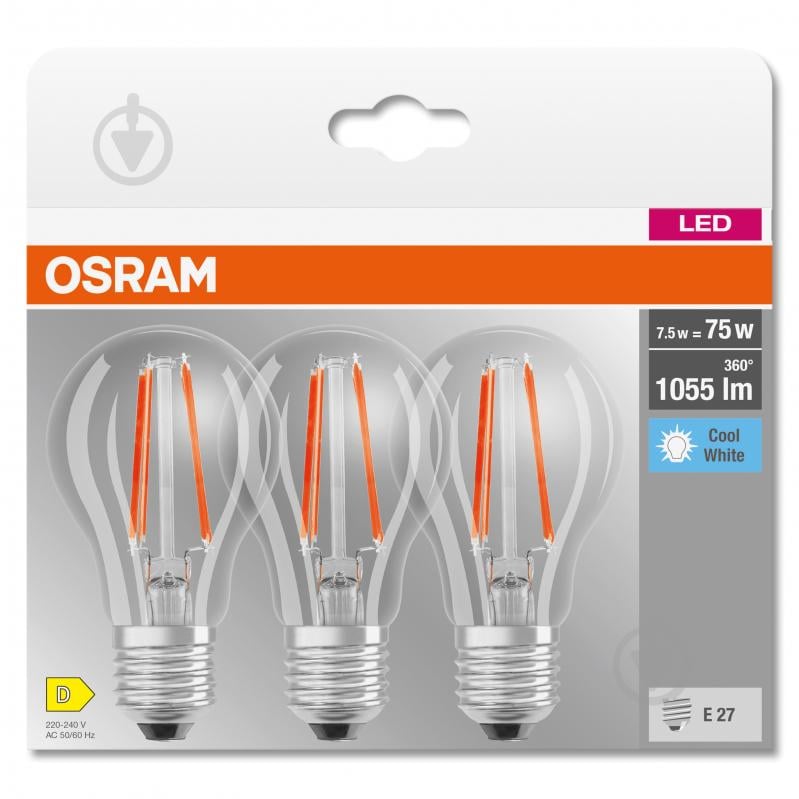 Лампа світлодіодна Osram 3 шт. 7,5 Вт A75 E27 220 В 4000 К BASECLA75 FIL - фото 6 Лампа світлодіодна Osram 3 шт. 7,5 Вт A75 E27 220 В 4000 К BASECLA75 FIL - фото 6