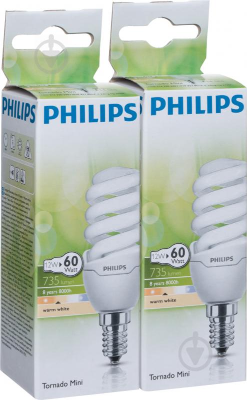 Лампа КЛЛ Philips Tornado mini 2 штуки в упаковке T2 12 Вт E14 2700 К 220 В 9,29689E+11 - фото 2